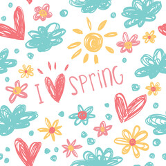 Seamless pattern with sun, clouds, flowers, hearts and polka dots.