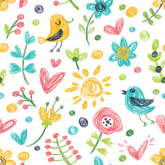 Fototapeta na wymiar Seamless vector background with birds and flowers. Children's style.