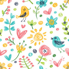 Seamless vector background with birds and flowers. Children's style.