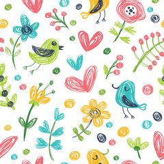 Spring seamless pattern in cartoon style. Colorful childish doodle with simple birds, a bee and flowers. Sun, rainbow and raindrops. Creative baby texture for fabric, paper.