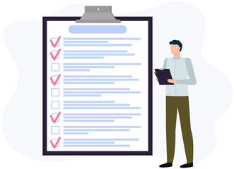 Month scheduling, to do list, time management. Businessman stands near checklist and planning. Plan fulfilled, task completed, timetable on paper sheet. Check list plan, schedule creation concept