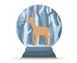 A snow globe with a deer on the background of a winter forest.