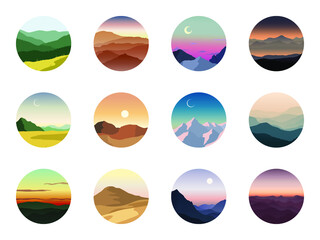 Set of vector landscapes icons. Symbols of nature and travel: fields, mountains, desert, hills, sunset, dawn. Flat illustration for labels, logo, badges or emblems