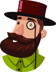 vector image of a fashionable man, hipster with a beard in a hat and a monocle in a shirt, flat, transparent background, without transparent elements