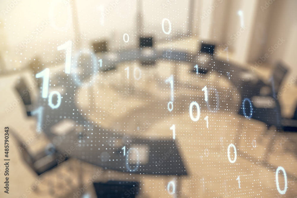Poster abstract virtual binary code sketch on a modern boardroom background, hacking and matrix concept. mu