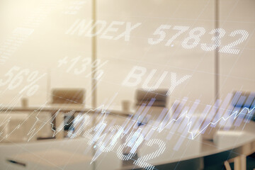 Double exposure of abstract creative financial chart hologram on a modern meeting room background, research and strategy concept