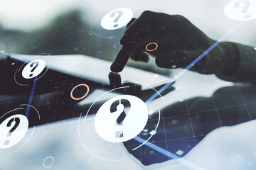 Creative concept of question mark illustration and finger clicks on a digital tablet on background....