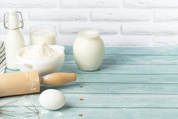ingredients for baking and making bread, confectionery or cake ingredients, flour, sugar milk, eggs...