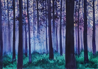 Obraz premium Forest landscape in watercolor. Trees in the fog.
