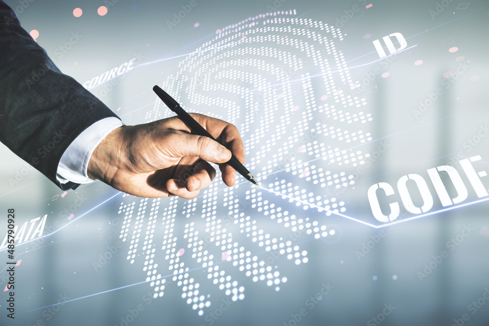 Poster Multi exposure of programmer's hand with pen working with virtual abstract fingerprint illustration on blurred office background, digital access concept