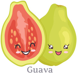 Cute guava sticker kawaii icon vector design. Adorable cute charming tropical fruit with positive emotions, event or very pleasant situation, japanese culture symbol anime, innocence and childishness