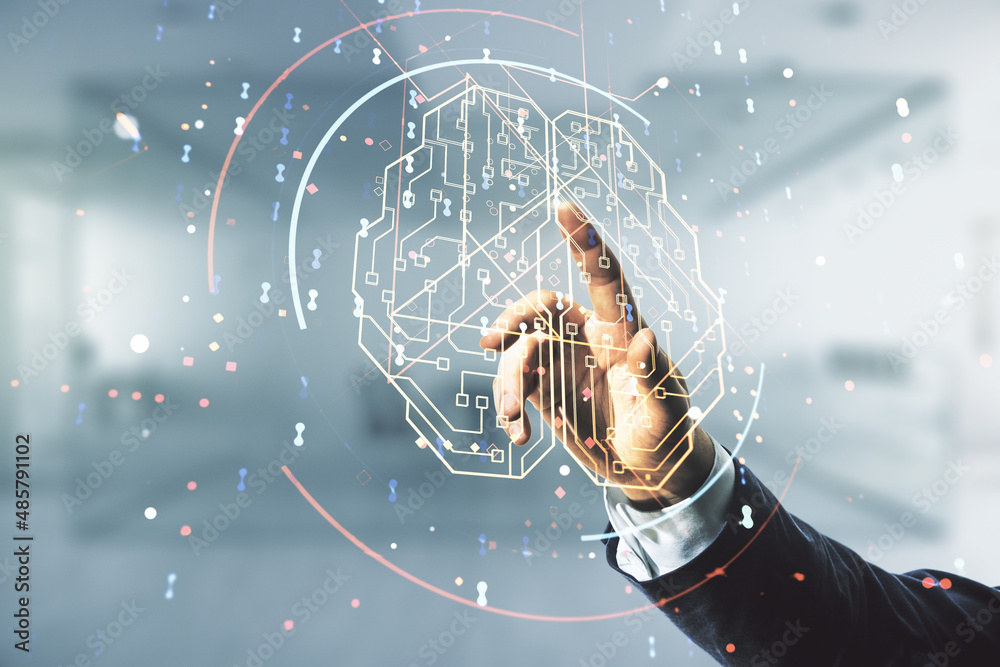Aufkleber man hand clicks on virtual creative artificial intelligence hologram with human brain sketch on blur