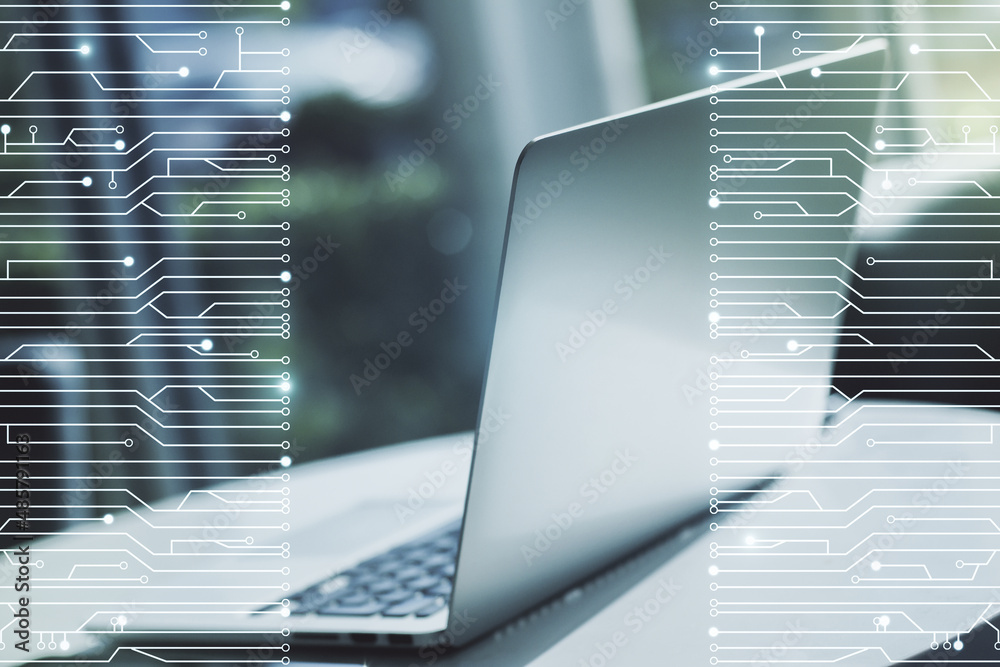 Poster creative abstract micro chip hologram on modern computer background, artificial intelligence and mac