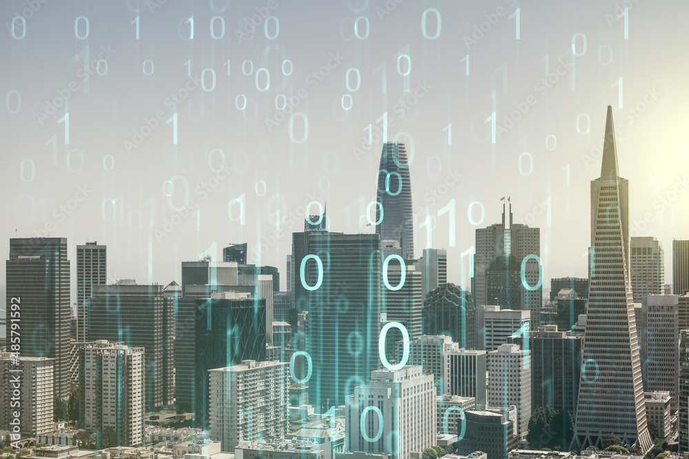 Leinwandbilder abstract virtual binary code hologram on san francisco cityscape background, ai and machine learning
