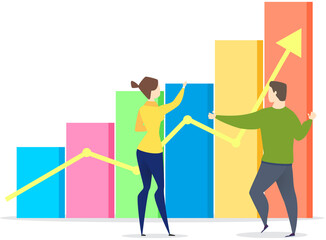 People looking at bar chart. Data analysis, business statistics information concept. Colleagues working with statistical reports, financial indicators. Employees discuss growth of profit graph