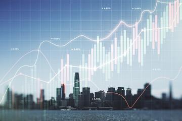 Multi exposure of virtual creative financial chart hologram on San Francisco skyscrapers...
