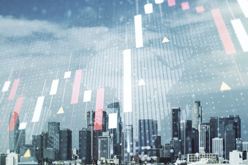 Fototapeta na wymiar Multi exposure of virtual abstract financial graph hologram and world map on Los Angeles cityscape background, financial and trading concept