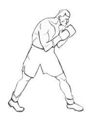 Boxer in the rack. The fighter is preparing for battle. Ink illustration.