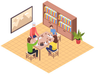 Happy children playing board game with grandparents on table, have fun at home. Family entertainment. People sit together at table in living room and play lotto. Parents and kids in everyday life