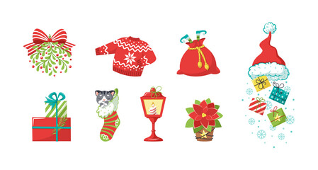 Christmas elements set. Snowflakes, Santa Claus hat, gifts, candles, gnome in sack, ugly sweater