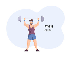 Obraz premium Male bodybuilder raising heavy barbell training muscle at fitness club. Fit man holding crossbar