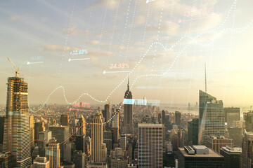 Multi exposure of stats data illustration on New York city skyline background, computing and analytics concept