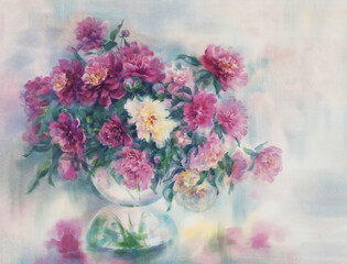 A bouquet of pink peonies in vase watercolor background
