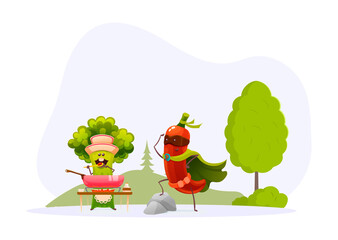 Funny vegetables in superhero and cooker costumes. Food characters at wild forest nature flat vector