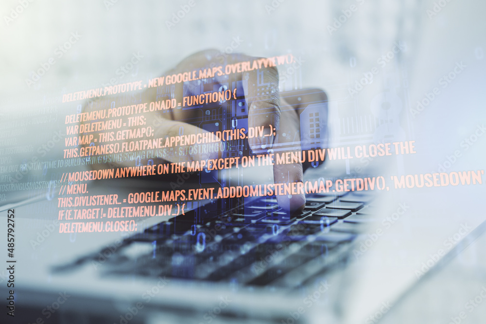 Fototapete Double exposure of abstract creative programming illustration and hands typing on laptop on background, big data and blockchain concept