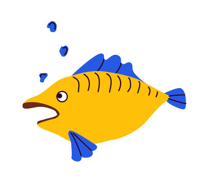 recommend clip art: Cartoon fish character. Yellow-blue fish, underwater marine inhabitant. Vector illustration isolated on white background. Fish icon, symbol, childish cute style