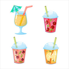 A set of summer treats. Fruit cocktail or smoothie in cartoon style. Takeaway drinks. Vector illustration isolated on white background.