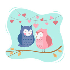 Birds in love, Valentines day illustration, cute cartoon birds, owl