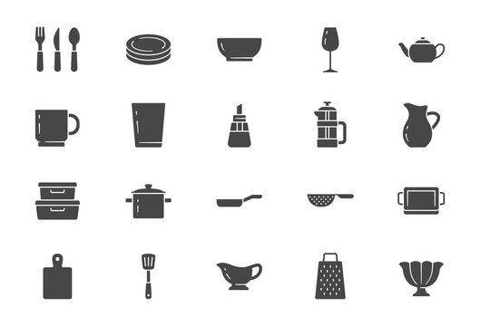 Kitchen utensil flat icons. Vector illustration include icon - tableware, dish, pan, casserole spatula, plate, wineglass, cup, mug, french glyph silhouette pictogram for crockery