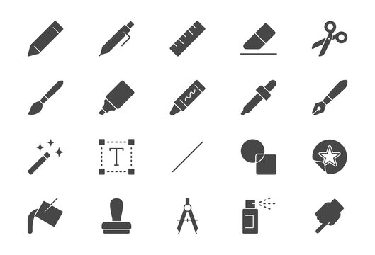 Drawing tool flat icons. Vector illustration include icon - pencil, paintbrush, divider, magic wand, wax crayon, marker glyph silhouette pictogram for stationery items