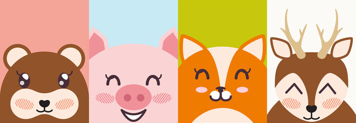 Vector set of cartoon kawaii wildlife and farm animals icons. Stickers, emoji design elements for kids. Cute animals faces, pig, bear, fox and deer characters. Funny pets, friendly smiling personage