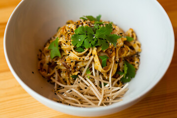 traditional udon noodles in a white plate	
