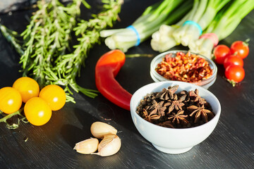 Spices and vegetables in the assortment. Cooking at home or in a restaurant. Organic food products.