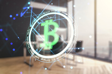 Creative Bitcoin concept and modern desktop with computer on background. Multiexposure