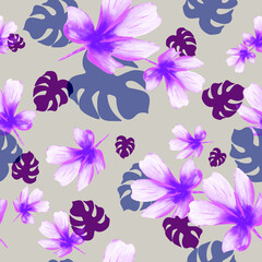 Fototapeta na wymiar Tropical flowers and leaves on gray background. Seamless floral pattern. Watercolor plumeria and monstera leaves