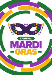 Mardi Gras Carnival in New Orleans. Fat Tuesday. Traditional folk festival with parade and celebration. Annual holiday. Costume masquerade, fun party. Carnival mask. Poster, card, banner. Vector