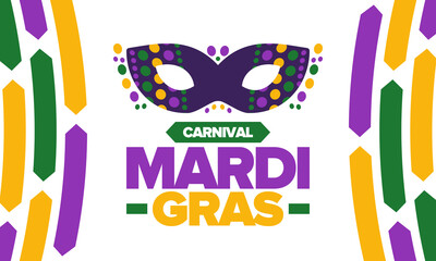 Mardi Gras Carnival in New Orleans. Fat Tuesday. Traditional folk festival with parade and celebration. Annual holiday. Costume masquerade, fun party. Carnival mask. Poster, card, banner. Vector
