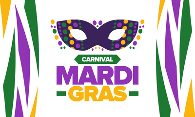 Mardi Gras Carnival in New Orleans. Fat Tuesday. Traditional folk festival with parade and celebration. Annual holiday. Costume masquerade, fun party. Carnival mask. Poster, card, banner. Vector