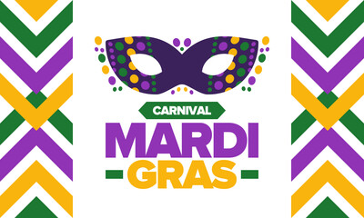 Mardi Gras Carnival in New Orleans. Fat Tuesday. Traditional folk festival with parade and celebration. Annual holiday. Costume masquerade, fun party. Carnival mask. Poster, card, banner. Vector - obrazy, fototapety, plakaty