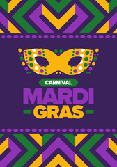 Mardi Gras Carnival in New Orleans. Fat Tuesday. Traditional folk festival with parade and celebration. Annual holiday. Costume masquerade, fun party. Carnival mask. Poster, card, banner. Vector