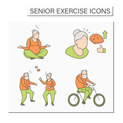 Senior exercise color icons set. Physical activity. Cycling, dancing, stress reliever, healthy lifestyle. Training concept. Isolated vector illustrations