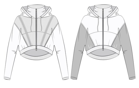 Jacket Outer fashion flat template. Loungewear fashion design vector. Girls Crop Hoodie fashion flat template. Knitted Crop Hoodie fashion design set.