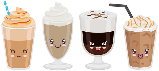Cute cups of coffee set sticker kawaii icon vector design. Adorable cute hot drinks, coffee to go, latte in cup with positive emotions, japanese, oriental culture symbol anime, facial expression