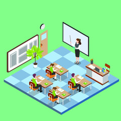 Education vector concept. High school students listening their teacher while reading a book in the classroom