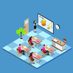 Mathematics vector concept. Teacher explaining mathematics formula on the whiteboard while standing in the classroom