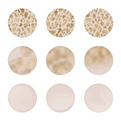 Instagram social media highlight icons, web buttons. abstract minimal nude pink gold minimal circle round dot shape in watercolor stain stamp metallic  texture. for beauty, cosmetics, fashion, jewelry